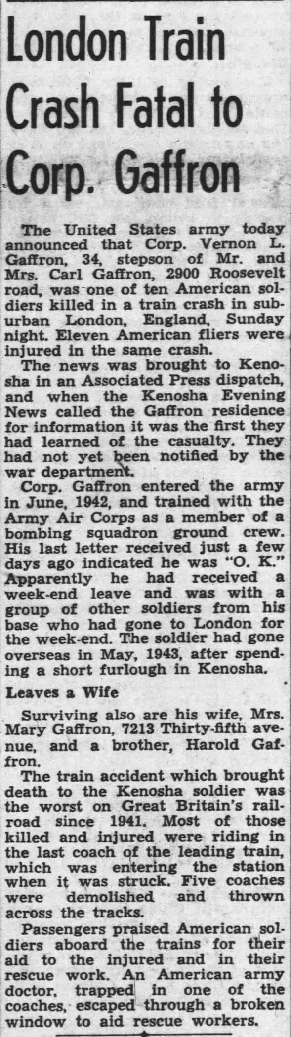 Death notice for Corporal Vernon Gaffron (1910-1944)
